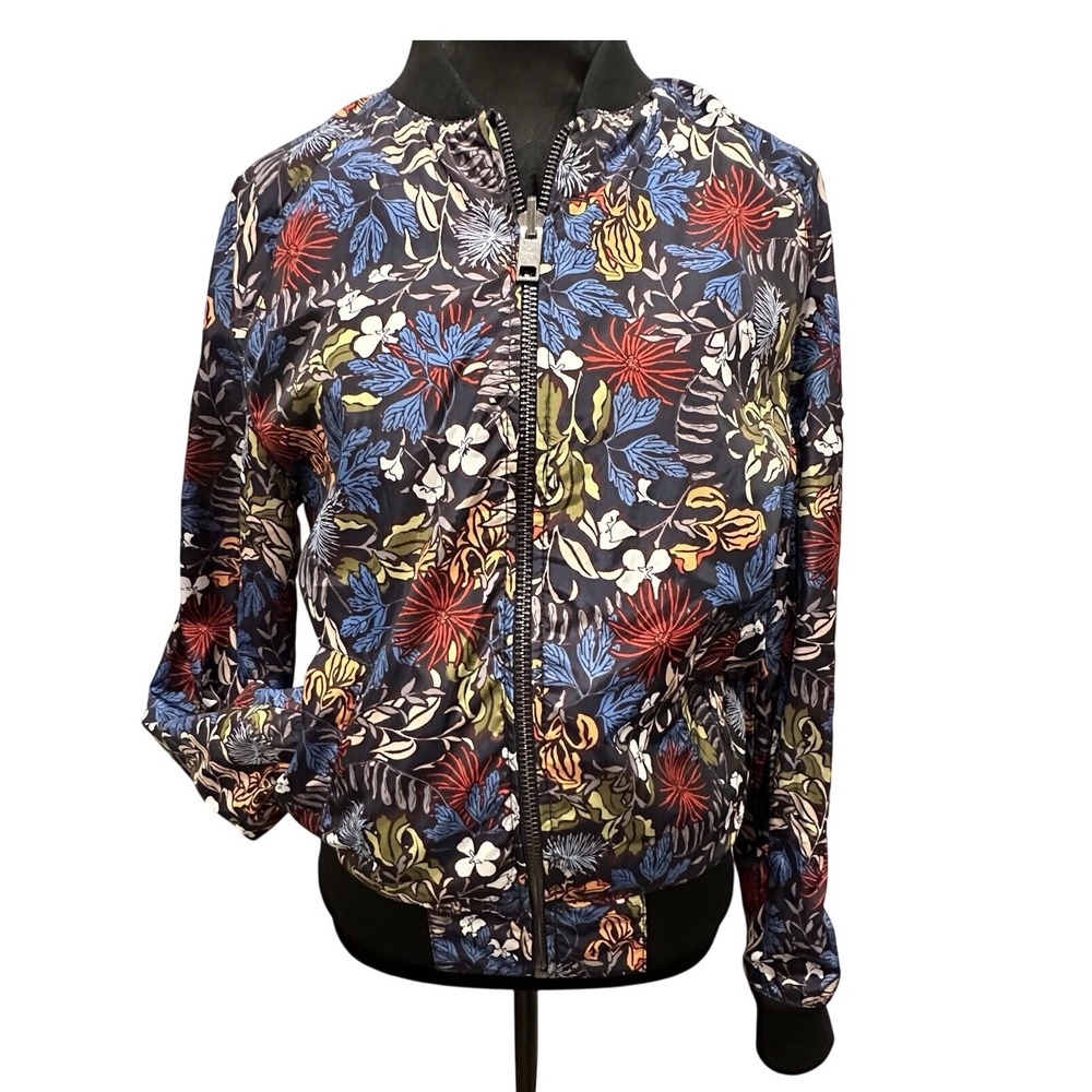 Floral Reversible Nylon Bomber XS Navy‎ Multicolor Botanical Zip Cottagecore